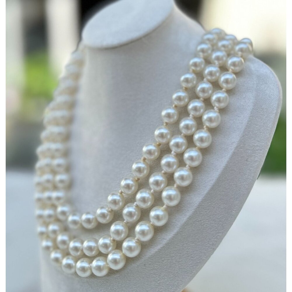Faux Pearl Triple Strand Necklace With Gold Flower Clasp, Bridal Jewerlry, Gift - Picture 2 of 13